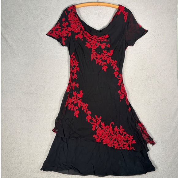 Eva Blue Cowl Neck Tiered Dress Sz 14 Black Red Floral Print Stretch Whimsigoth - Picture 1 of 11